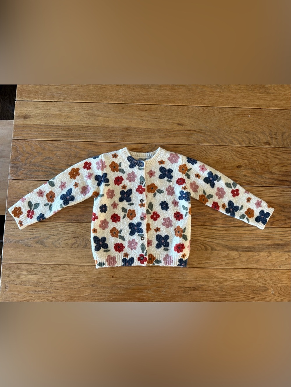 Cream Floral Knit Cardigan for Kids - Multicolor Flower Pattern
